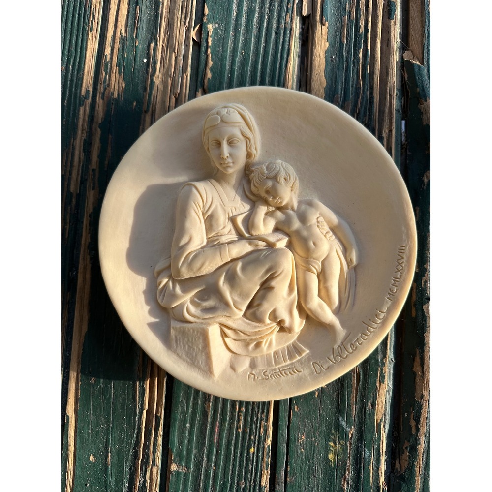 A. Santini Di Volteradici Madonna and Child Alabaster Relief Plate Italy 1978 8"